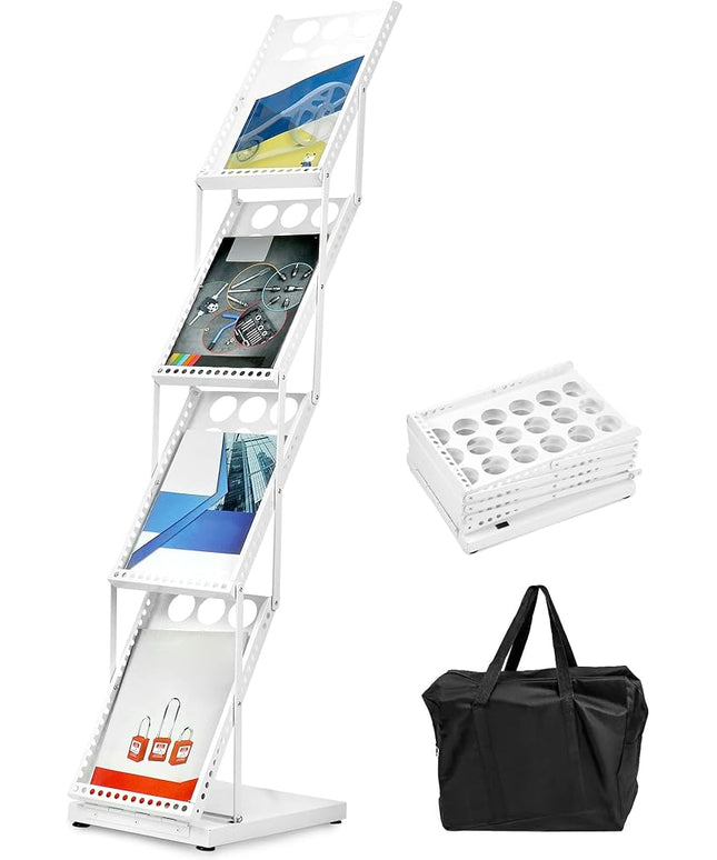 QWORK Foldable Brochure Display Stand, Magazine Brochure Display Rack Stand, 4 Pocket Literature CatalogTradeshow Display Stand, for Office Store and Exhibition Trade Show (White)