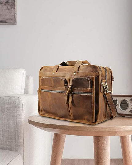 Polare 17'' Full Grain Leather Briefcase Laptop Attache Case Messenger Bag For Men Fits 15.6'' Laptop