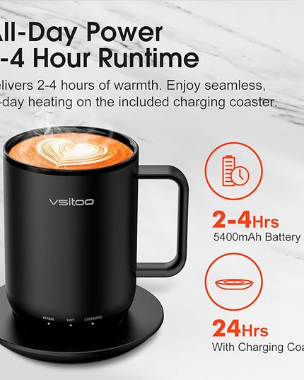 Vsitoo S3 Plus 14oz Heated Coffee Mug - Temperature Control Smart Mug with Mug Warmer, Auto-Sensing AI Heats Drinks to 120-150°F Hands-Free.Ideal for Home/Office/Gifts，Black