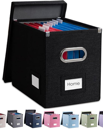 PRANDOM File Organizer Box - Set of 1 Collapsible Decorative Linen Filing Storage Hanging File Folders with Lids Office Cabinet Letter Size Black (14x9.3x10.8 inch)