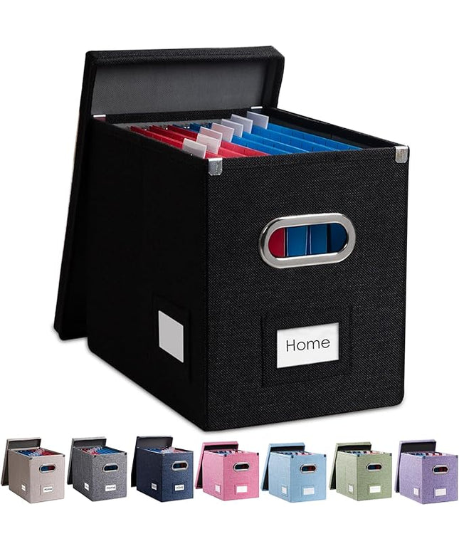 PRANDOM File Organizer Box - Set of 1 Collapsible Decorative Linen Filing Storage Hanging File Folders with Lids Office Cabinet Letter Size Black (14x9.3x10.8 inch)