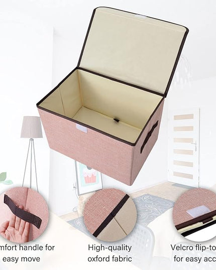 Linen Fabric Foldable Storage Cube Bin Organizer Basket with Flip-Top Lid & Handles, Large Clothes Blanket Box for Home, Office, Closet, Pink, 4 Pack 14.6 x 9.5 x 9.5”