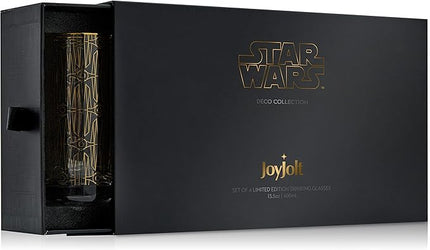 JoyJolt Star Wars Glassware. 'Deco' Highball Glasses Set of 4, 13.5oz Star Wars Glasses. Highball Glass Tumbler with Darth Vader in a Retro Crystal Glass Cup. Tall Drinking Water Glasses For Kitchen