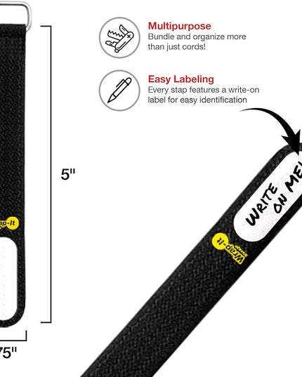 Wrap-It Storage Cinch-Straps, 5-in (20-Pack) Black - Hook and Loop Strap with Write on Label for Easy Cord Identification and Cable Management