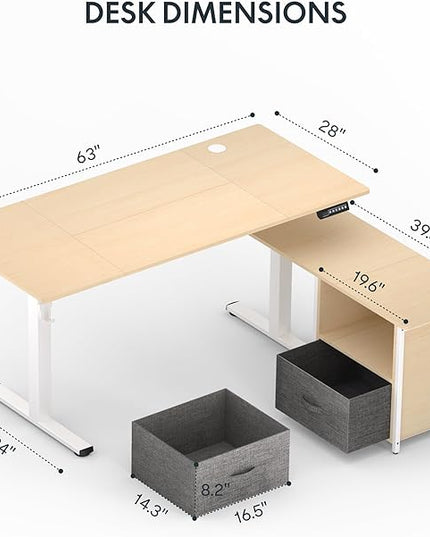 FLEXISPOT 63'' L Shaped Reversible Standing Desk with Drawers and Shelves, Large Corner Stand Up Executive Desk for Home Office, Light Wood Grain Top+ White Frame