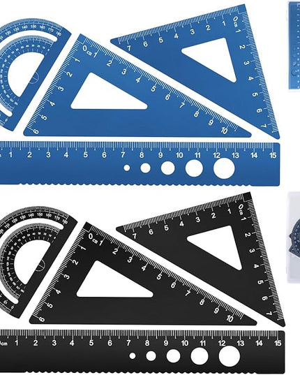 Honagu Triangular Ruler Set, 8 Pieces/2 Sets Aluminum Alloy Ruler, Metal Drafting Ruler, Geometric Protractor for Students, Draftsmen, Engineers, School Office Supplies (Blue+Black)