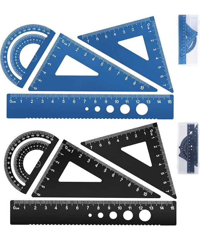 Honagu Triangular Ruler Set, 8 Pieces/2 Sets Aluminum Alloy Ruler, Metal Drafting Ruler, Geometric Protractor for Students, Draftsmen, Engineers, School Office Supplies (Blue+Black)