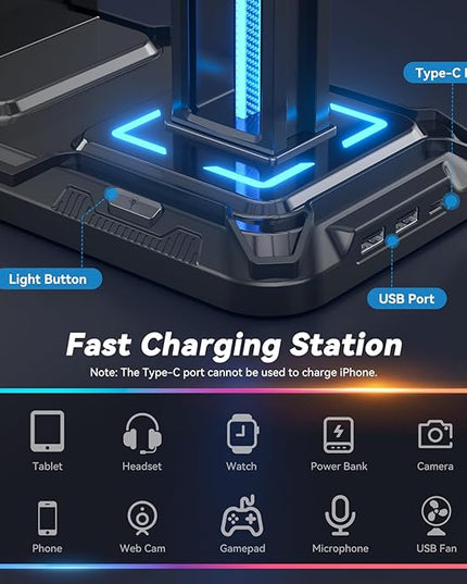 KDD Headset Stand with Charging Station - Detachable Controller Holder with 9 Light Modes - Rotatable Headphone Hanger with USB A&C Charger Ports - Earphone Hook for PC Gaming Accessories Storage