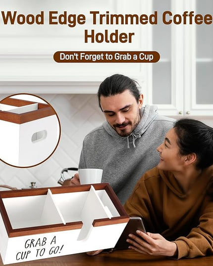 Intarsio 100% Wooden Coffee Cups Holder with U-Shape Cutout Design for Countertop-Coffee Bar Organizer for Cups, Lids, Pods, Stirrers, and Accessories, Great Gift for Home or Office (White)