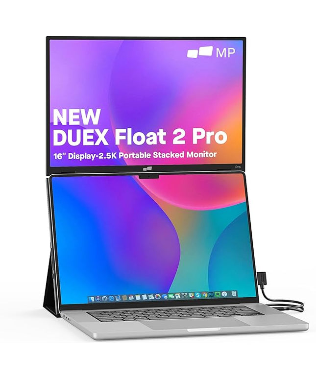 New Mobile Pixels Duex Float 2.0 Pro 2.5 K Portable Monitor, 16" Laptop Screen Extender (Built-in Kickstand), USB C/HDMI Stacked Monitor Extender with Dual Speakers, Windows, MacOS, Switch, Android