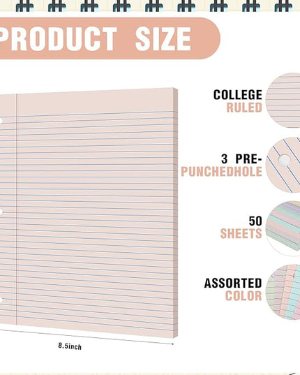 PerKoop 400 Sheets Colored Loose Leaf Paper 8.5" x 11" college ruled Lined 3 Hole Punched notebook Filler Paper for 3 Ring Binders Office School Supplies (Aesthetic Color)