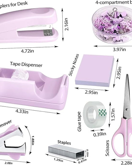 Purple Office Desk Accessories,Purple Office Supplies Set,Stapler and Tape Dispenser Set,Tape,Staple Remover, Staples,Paper Clips,Scissor,Sticky Note and Desk Drawer Organizer