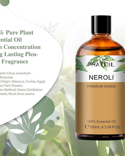 Neroli 3.38fl.oz Essential Oil, PHATOIL Pure Aromatherapy Oils for Diffuser, Humidifier, Perfect for DIY Soap, Candle, Bath Bombs Making(100ml)