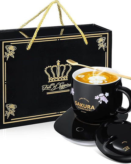 Honeydak Coffee Mug Warmer Cute Cat Mug Set Cup Warmer for Women Heated Coffee Warmers for Mom Home Office Desk Valentine's Day Anniversary Birthday Gifts(Sakura,Black)