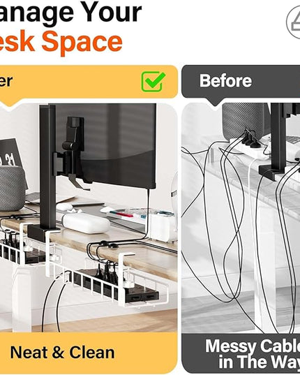 3 Pack Cable Management Under Desk Tray, 47.1" No Drill Under Desk Wire Management with Upgraded Clamp, Metal Cord Organizers with Cable Organizers, PC Cord Organization Rack, White