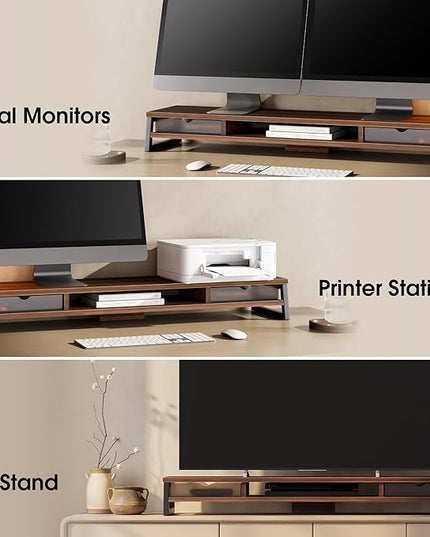 Fenge Dual Monitor Stand, Monitor Riser with Drawer, 42.5 Inch Large Computer Monitor Stand for 2 Monitors, 2 Tier Wooden Desk Shelf for Top of Desk