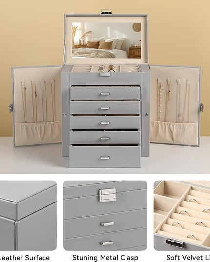 Frebeauty Large Jewelry Box,6-Tier PU Leather Jewelry Organizer,Multi-functional Storage Case with Mirror,Accessories Holder with 5 Drawers for Necklace Bracelets Watches(Grey)