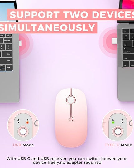 VssoPlor Type C Wireless Mouse, USB C MacBook Wireless Mouse Dual Mode 2.4G Cordless Mice with Nano USB and Type C Receiver Compatible with PC, Laptop, MacBook, ipad-Gradient Pink