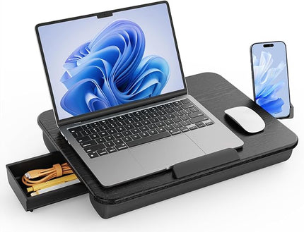SAIJI Laptop Lap Desk, Portable Laptops Tray with Cushion, Drawer Storage, Phone Holder, Carry Handle, Phone Holder- Computer Laptop Stand for Bed Fits Up to 15.6 Inch Laptops