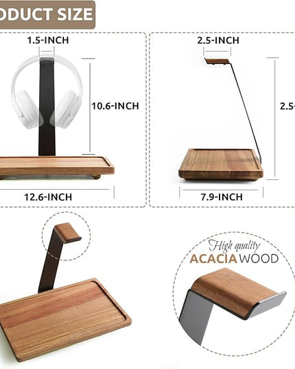 WILDMOS Headphone Stand for Desk,Acacia Wood Tray with Headphone Holder,Gaming Headset Stand,Desk Accessories for Desktop Storage