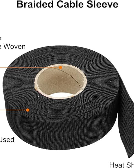 MECCANIXITY Braided Cable Sleeves Heat Shrinkable Fabric Sleeving, 1 1/4" 40ft Black 2:1 Ratio Heat Shrinkable Cord Protector for Harness Cable, Network Cable Protection, Cable Management