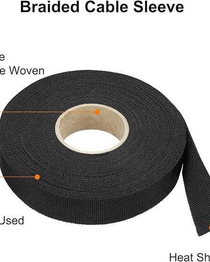 MECCANIXITY Braided Cable Sleeves Heat Shrinkable Fabric Sleeving, 5/8" 60ft Black 2:1 Ratio Heat Shrinkable Cord Protector for Harness Cable, Network Cable Protection, Cable Management