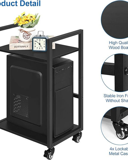 SEHERTIWY 2 Tier Computer Tower Stand, Black CPU Holder Cart with Rolling Caster Wheels, Mobile PC Tower Stand for Office Home Studio