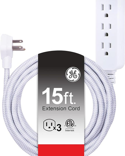 GE 3-Outlet Power Strip Surge Protector 15 Ft Braided Extension Cord with Multiple Outlets Grounded Flat Plug UL Listed White 40530