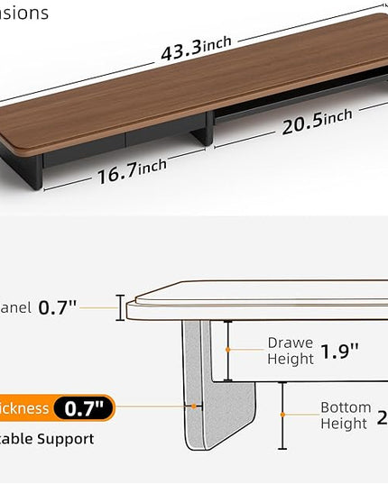 Large Dual Monitor Stand For Desk,43 Inch Desktop Computer Riser with Metal Drawer Desk Shelf Organizer For Computer/Laptop/PC/Printer/TV