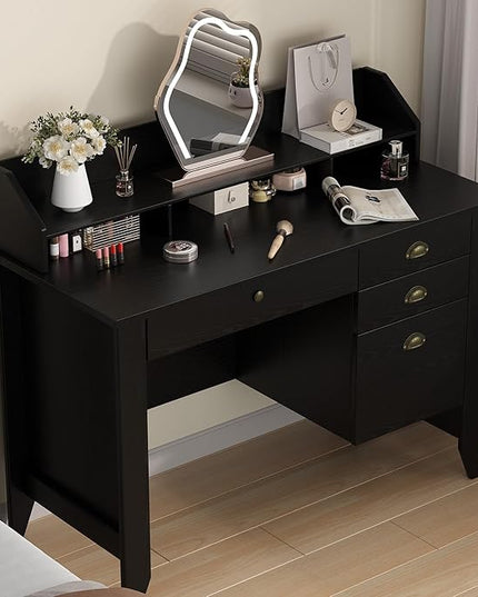 4 EVER WINNER Black Desk with Drawers, Small Desk with File Drawer and Monitor Stand, Computer Desk with Storage, Writing Desk for Bedroom Home Office, Black