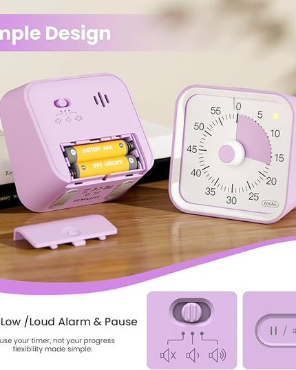 InfPokid Visual Timer for Kids with Pause Function, 60 Minute Countdown Timer for Kids Desk Study, Teaching, Kitchen Cooking, Office Meetings, Time Management for ADHD (Purple)