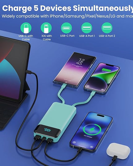 Portable Charger 40800mAh Power Bank with 3 Built-in Cables,PD 25W USB C in&Out Power Bank Fast Phone Charging,QC4.0 5 Outputs Travel Camping Essential Battery Pack for iPhone 17/16,Samsung etc-Green