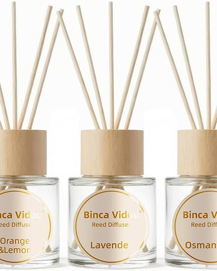 Binca Vidou Reed Diffuser Set, Lavender Osmanthus Orange&Lemon Scent Oil Diffusers with Sticks for Home Office Bathroom Aromatherapy Decor 1.69oz X 3