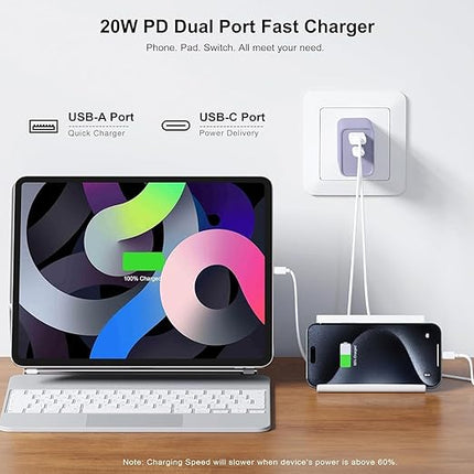 2Pack iPhone 17 Fast Charger,20W Dual USB A+C QC Wall Charger with 10FT USB C-C Charging Cord Apple Charger Fast Charging for iPhone 17/17 Air/17 Pro/16e/16/16 Pro/15/15 Pro/Pro Max/Plus(Purple/Pink)
