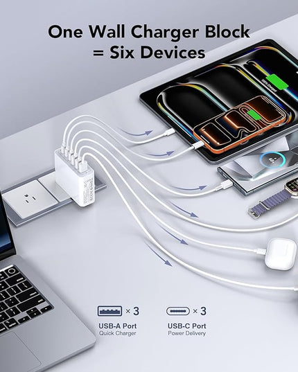 USB C Wall Charger, 100W 6-Port PD Fast USB C Charging Block,3USB C+3USB A Charging Station Hub Block Power Strip Adapter Plug Type C Cube Brick for iPhone 17/16/15/14/13/Pro Max,iPad,Samsung,Tablet