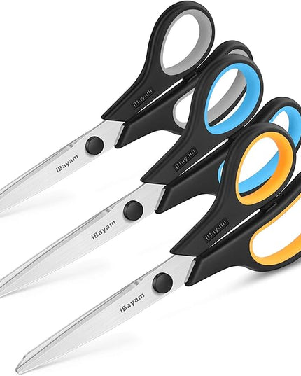 Scissors All Purpose, iBayam 8" Heavy Duty Scissors Bulk 3-Pack, 2.5mm Thickness Ultra Sharp Blade Shears with Comfort-Grip Handles for Office Home School Sewing Fabric Craft Supplies, Right/Left Hand