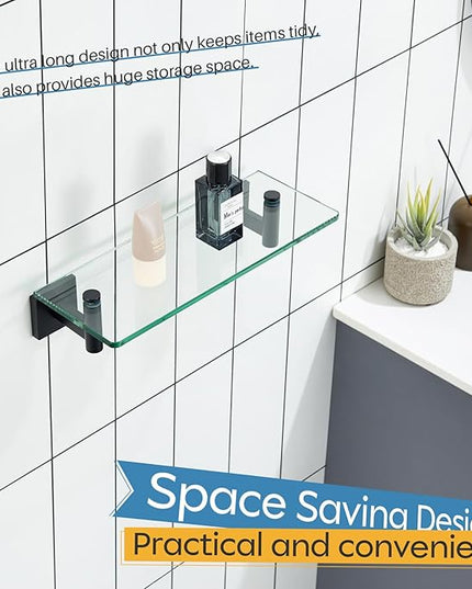 KOKOSIRI Bathroom Shelves Glass Floating Shelf 12-Inch for Bedroom Living Room Kitchen Hanging Rack Rustproof Wall Mounted Black 2 Pack B1105BK-L12-P2