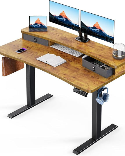 HUANUO 48″ x 24″ Electric Standing Desk with 2 Drawers, C-Clamp Mount Compatible, Height Adjustable Computer Desk, Home Office Stand Up Desk with 4 Preset Heights & 2 Hooks, Vintage Brown