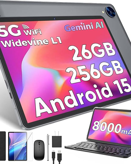 2026 Android 15 Tablet with Keyboard, 26GB RAM, 256GB ROM(2TB Expand), 10 inch tablet with Octa-core, Gemini AI, 8000mAh, 2.4G/5G WiFi, BT 5.0, 5MP+13MP, Tablets with Case, Mouse, Stylus (Black Case)
