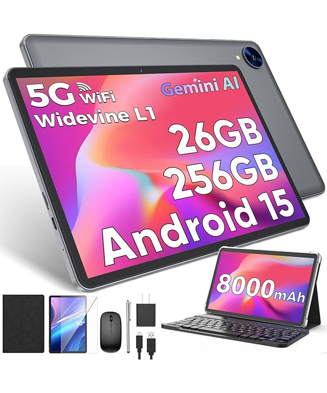 2026 Android 15 Tablet with Keyboard, 26GB RAM, 256GB ROM(2TB Expand), 10 inch tablet with Octa-core, Gemini AI, 8000mAh, 2.4G/5G WiFi, BT 5.0, 5MP+13MP, Tablets with Case, Mouse, Stylus (Black Case)
