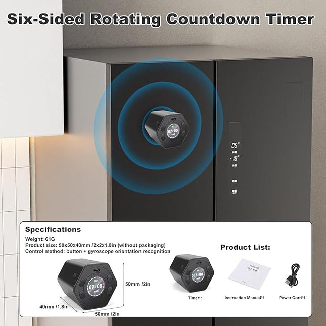 Pomodoro Productivity Timer Cube, Flip Clock, Pause & Resume, Magnetic Adjustable Sound Alert, for Working Studying Office Task, 3/5/10/15/30min & Custom Countdown (Gray)