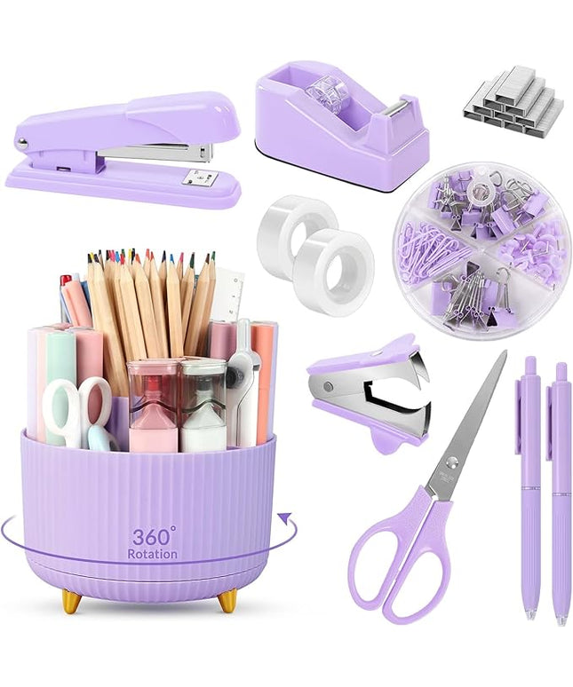 SKYDUE Purple Office Supplies Set, Purple Office Desk Accessories 10PCS, Pencil Holder for Desk, Stapler, Tape Dispenser, Scissors, Ruler, Binder/Paper Clips and 1000pcs Staples,Desk Supplies Set