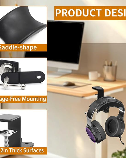 Singzhu Heavy-Duty Metal Headphone Stand Hanger for Large Gaming Headsets - Saddle-Shaped Holder & Desk Clamp (Fits 2in Thick Surfaces) - Durable Steel, Space-Saving Design