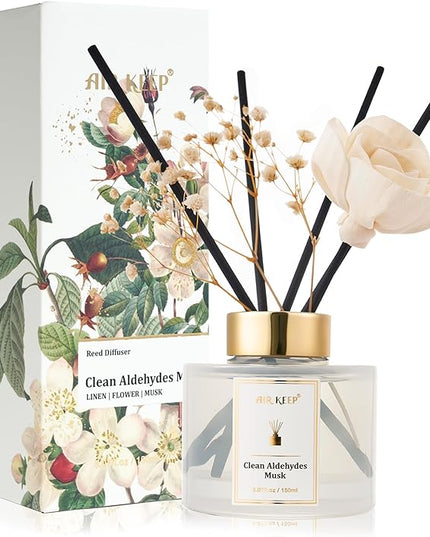 Airkeep Flower Reed Diffusers Set, 5.07 oz Clean Aldehydes Musk Scented Oil Diffuser with 8 Reed Sticks, Home Fragrance Diffuser Gift Set for Bathroom & Office Decor 150ml
