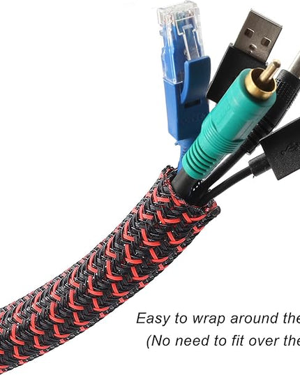 CrocSee 10ft - 1/2 inch Braided Cable Management Sleeve Cord Protector - Self-Wrapping Split Wire Loom for TV/Computer/Home Theater/Engine Bay - Black/Red