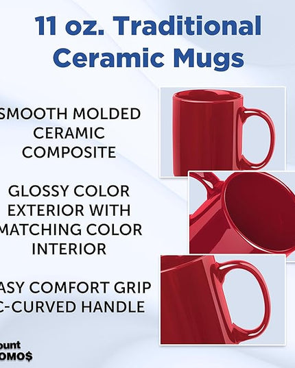DISCOUNT PROMOS Ceramic Coffee Mugs 11 oz. Set of 10, Bulk Pack - Coffee cup set, Iced coffee cup, Gaming mug - Red