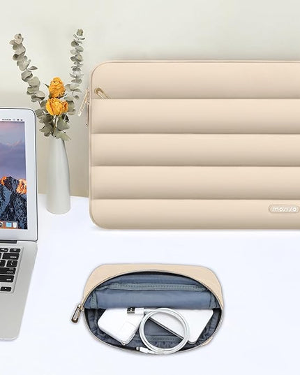 MOSISO 13.3 inch Laptop Case, 13-13.3 inch Puffy Laptop Sleeve Compatible with MacBook Air 13 13.6 M4 M3 M2 M1/Pro 13/Pro 14, HP Dell ASUS Lenovo,Polyester Horizontal Bag with Small Case, Apricot