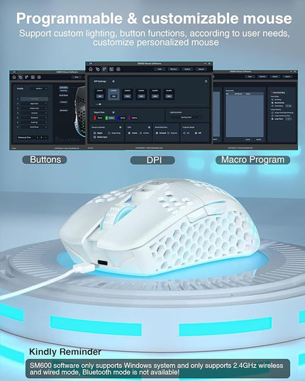 SOLAKAKA SM600 White Wireless Gaming Mouse,Tri-Modes BT5.1/Type-C Wired/2.4G Wireless Mouse with 2 Side Buttons, Programmable Macro Gamer Mouse with RGB Light for Laptop/PC/Mac