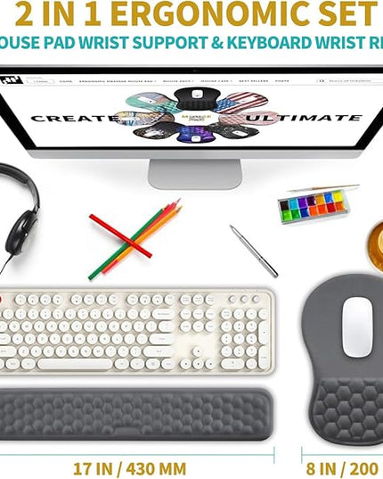 Hokafenle 2 in 1 Ergonomic Mouse Pad Wrist Support & Wrist Rest for Computer Keyboard Set, with Relieve Carpal Tunnel Pain Massage Bulge and Full Memory Gel Design (2In1 Set, Dark Gray)