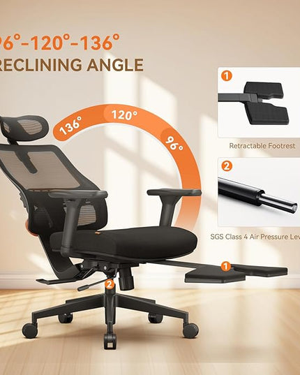 Newtral Office Chair Ergonomic with Footrest, Auto-Following Lumbar Support, High Back Desk Chair with 4D Armrest,136° Tilt Lock, Adjustable Seat Depth & Height (Upgrade with Laptop Tray, Black)